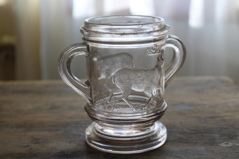 photo of stag deer vintage pressed pattern glass sugar bowl jar, EAPG antique glassware #2