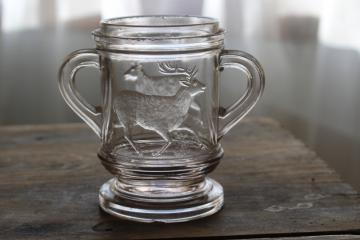 catalog photo of stag deer vintage pressed pattern glass sugar bowl jar, EAPG antique glassware