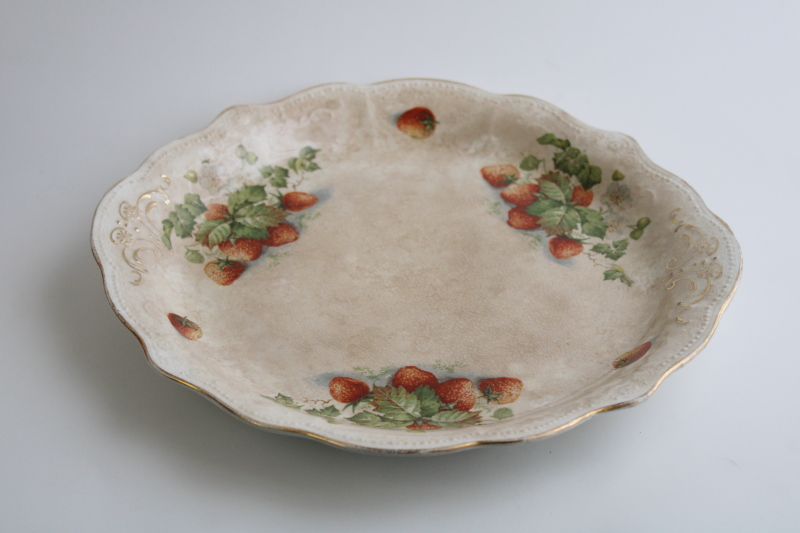 photo of stained browned antique china, big old cake plate w/ strawberries early 1900s vintage #1