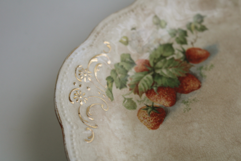 photo of stained browned antique china, big old cake plate w/ strawberries early 1900s vintage #2