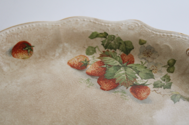 photo of stained browned antique china, big old cake plate w/ strawberries early 1900s vintage #4