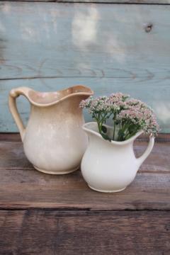 stained crazed antique vintage white china creamers, french country style pitchers for flowers or display 
