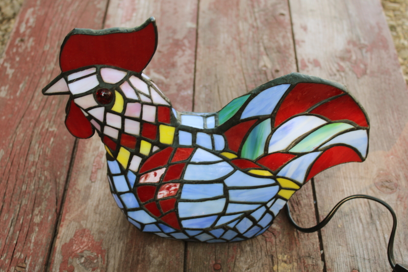 photo of stained glass light, colorful rooster tiffany style lamp colored glass shade, country cottage decor  #1