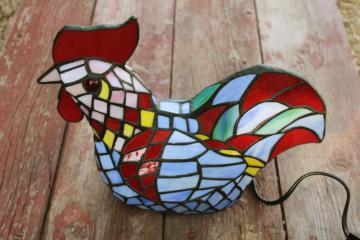 stained glass light, colorful rooster tiffany style lamp colored glass shade, country cottage decor 