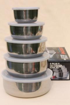 catalog photo of stainless steel nesting bowl set w/ snap tight plastic lids, nice fridge dishes or potluck bowls