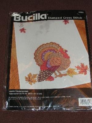 photo of stamped to embroider cross-stitch runner kit, Thankgiving turkey #1