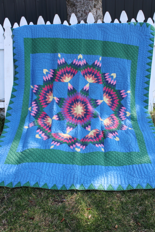 photo of star patchwork quilt jewel colors w/ blue & green, vintage Arch Quilts label hand stitched #1