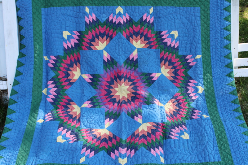 photo of star patchwork quilt jewel colors w/ blue & green, vintage Arch Quilts label hand stitched #3