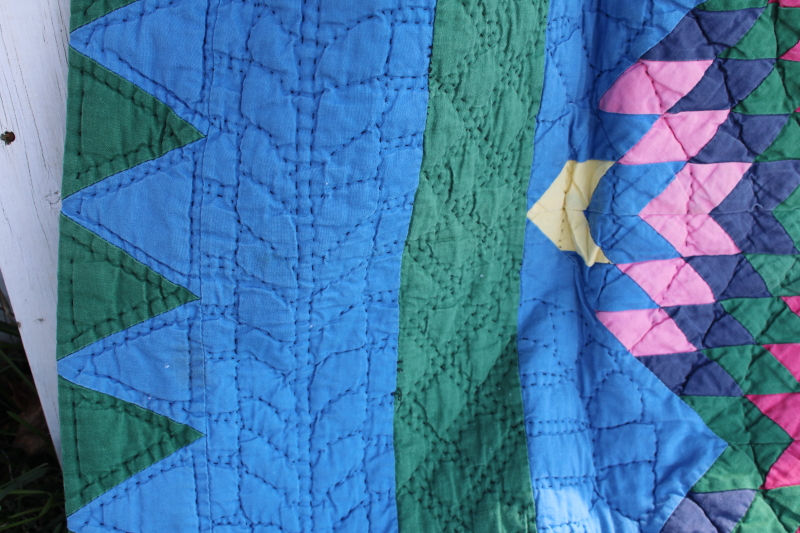 photo of star patchwork quilt jewel colors w/ blue & green, vintage Arch Quilts label hand stitched #4