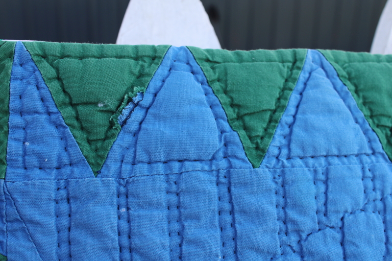 photo of star patchwork quilt jewel colors w/ blue & green, vintage Arch Quilts label hand stitched #5
