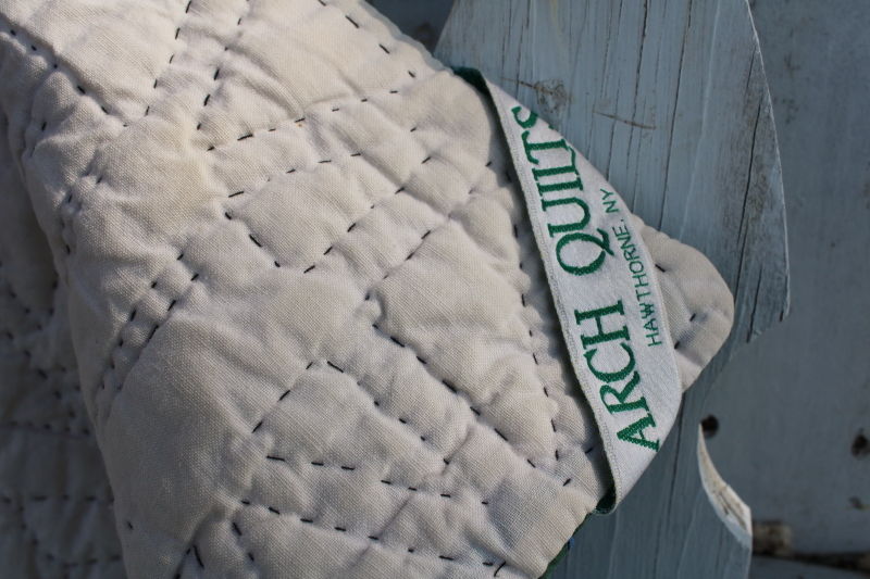 photo of star patchwork quilt jewel colors w/ blue & green, vintage Arch Quilts label hand stitched #6