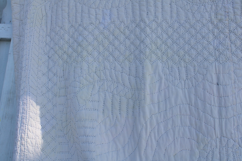 photo of star patchwork quilt jewel colors w/ blue & green, vintage Arch Quilts label hand stitched #9