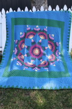 catalog photo of star patchwork quilt jewel colors w/ blue & green, vintage Arch Quilts label hand stitched