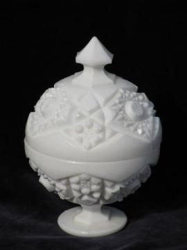 catalog photo of star sunburst pattern vintage white milk glass covered candy dish