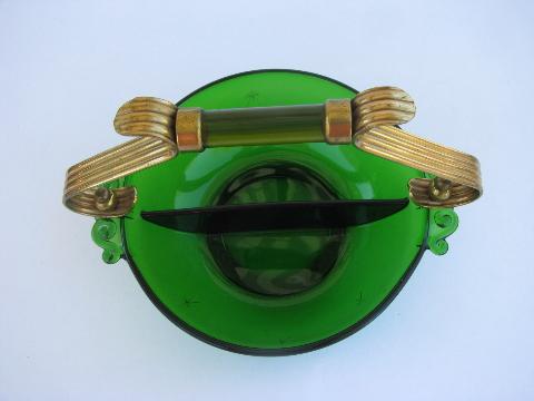 photo of star-cut Emerald-Glo emerald green dish w/ brass, vintage Paden City glass #3