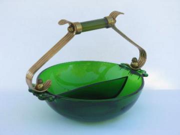 catalog photo of star-cut Emerald-Glo emerald green dish w/ brass, vintage Paden City glass