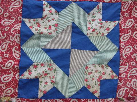 photo of stars vintage quilt top, hand-stitched patchwork, old cotton print fabric #2