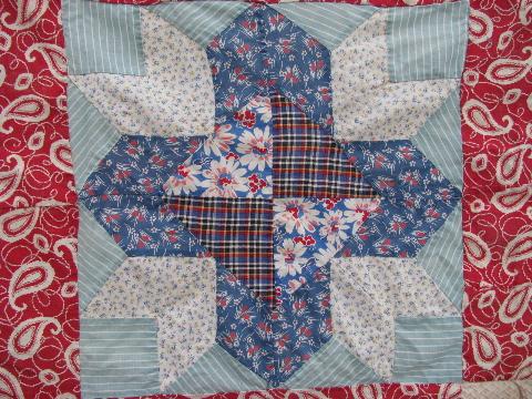 photo of stars vintage quilt top, hand-stitched patchwork, old cotton print fabric #5