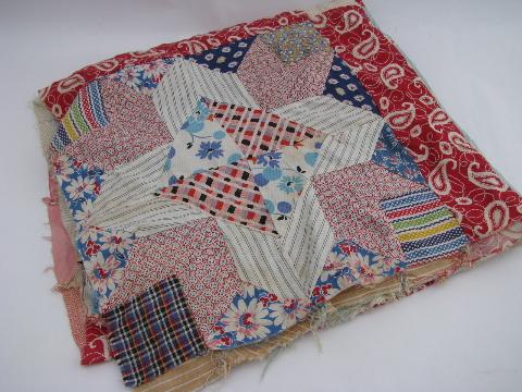 photo of stars vintage quilt top, hand-stitched patchwork, old cotton print fabric #6