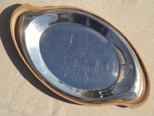 photo of steakhouse style sizzling steak plates, oval stainless platters w/ wood boards #5