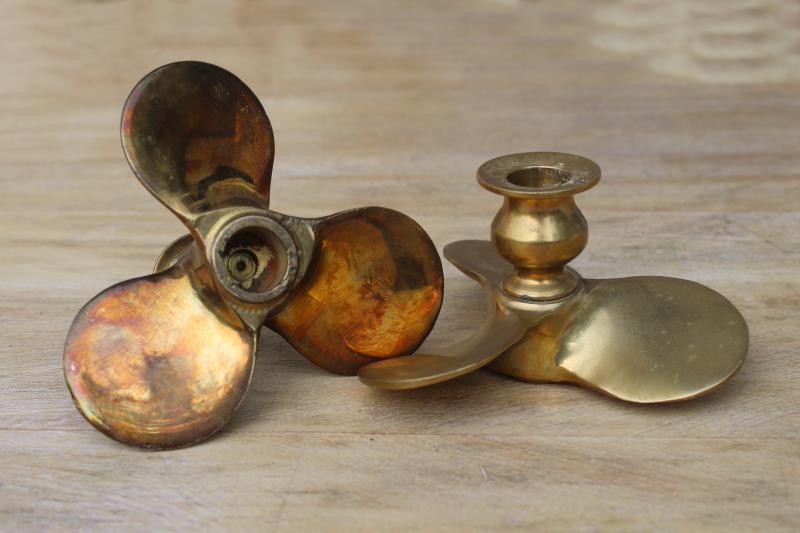 photo of steampunk decor pair of vintage candle holders, solid brass boat propellers #1