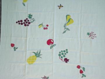 catalog photo of stencil style printed fruit, vintage hand print linen kitchen tablecloth