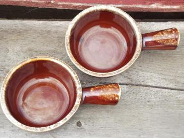 catalog photo of stick handled onion soup bowls or individual casseroles, McCoy brown drip