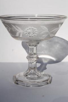 catalog photo of stippled Dahlia pattern antique glass compote bowl, Canton / Co-Op Flint glass?