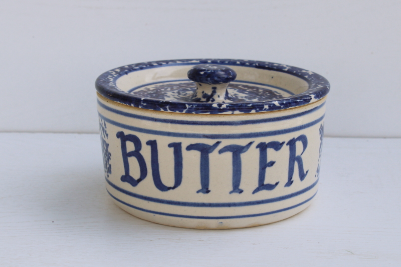 photo of stoneware Butter crock w/ lid, blue sponge ware antique vintage style modern handcrafted pottery #1