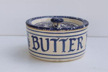 catalog photo of stoneware Butter crock w/ lid, blue sponge ware antique vintage style modern handcrafted pottery
