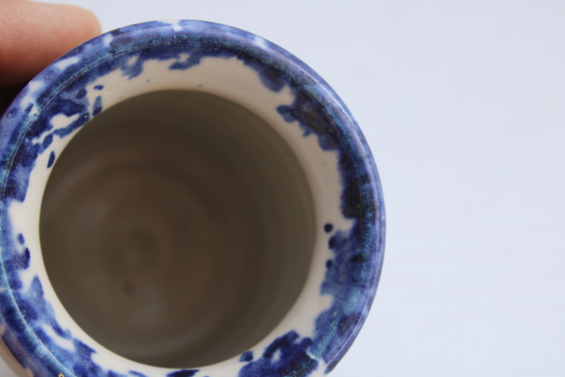 photo of stoneware Honey pot, crock jar w/ lid, blue sponge ware antique vintage style modern handcrafted pottery #3