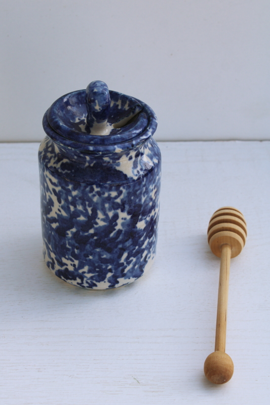 photo of stoneware Honey pot, crock jar w/ lid, blue sponge ware antique vintage style modern handcrafted pottery #5