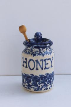 catalog photo of stoneware Honey pot, crock jar w/ lid, blue sponge ware antique vintage style modern handcrafted pottery