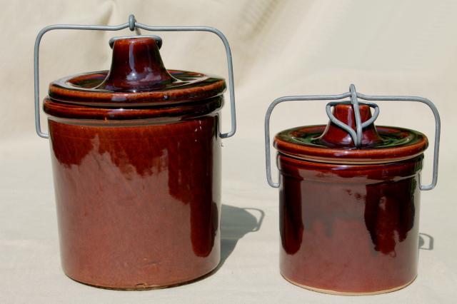 photo of stoneware cheese crocks, old blue & brown pottery canisters, crock jars w/ metal bail lids #2