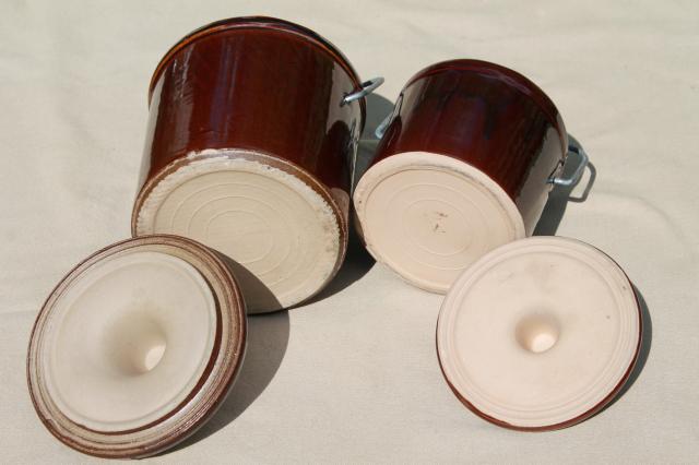 photo of stoneware cheese crocks, old blue & brown pottery canisters, crock jars w/ metal bail lids #5