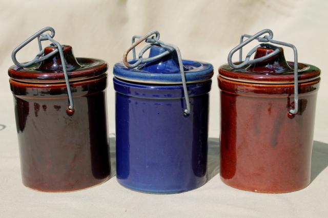 photo of stoneware cheese crocks, old blue & brown pottery canisters, crock jars w/ metal bail lids #6