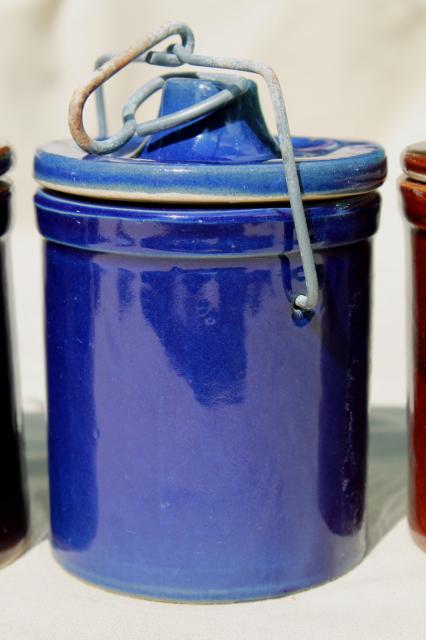 photo of stoneware cheese crocks, old blue & brown pottery canisters, crock jars w/ metal bail lids #7