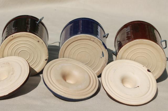 photo of stoneware cheese crocks, old blue & brown pottery canisters, crock jars w/ metal bail lids #9