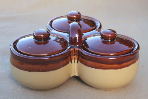 photo of stoneware relish dish w/ trio of condiment jars for ketchup, mustard, pickles #1