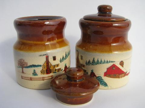 photo of stoneware spice set, crock jars w/ old-fashioned Christmas scenes #2