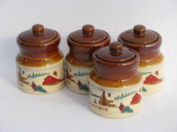 catalog photo of stoneware spice set, crock jars w/ old-fashioned Christmas scenes