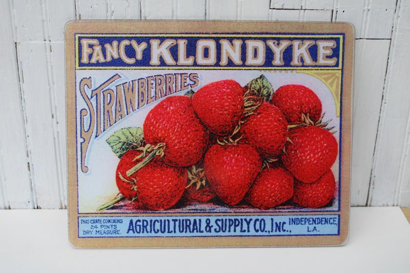 photo of strawberries fruit crate label sign art, vintage glass cutting board kitchen counter saver #1