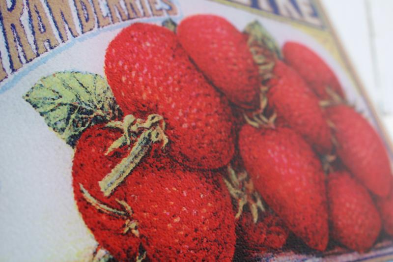 photo of strawberries fruit crate label sign art, vintage glass cutting board kitchen counter saver #3