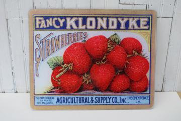 catalog photo of strawberries fruit crate label sign art, vintage glass cutting board kitchen counter saver