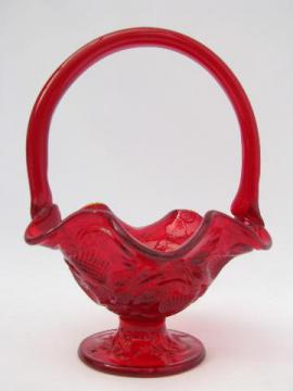 catalog photo of strawberry pattern red glass, vintage Fenton strawberries basket