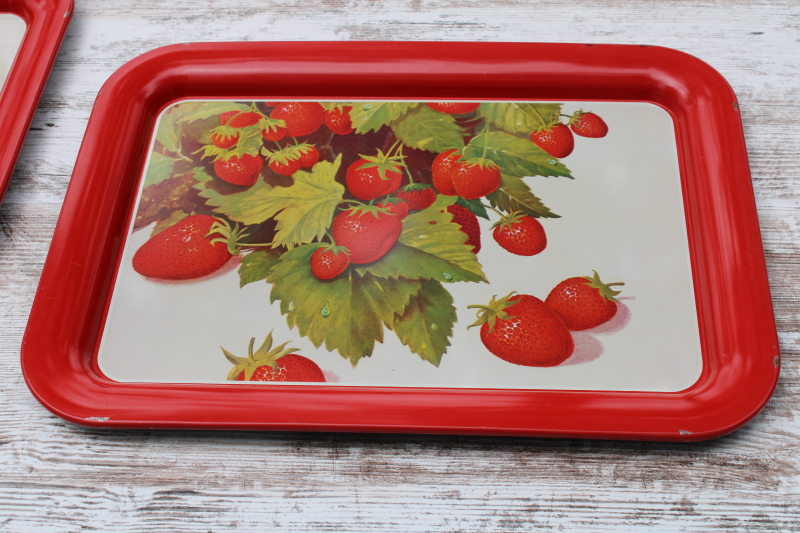 photo of strawberry print vintage metal lap trays, large sturdy steel trays for TV meals, bed, serving trays  #2