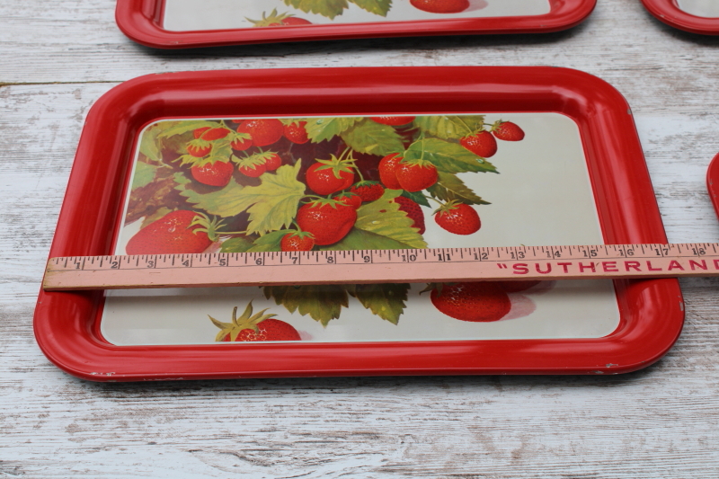 photo of strawberry print vintage metal lap trays, large sturdy steel trays for TV meals, bed, serving trays  #3