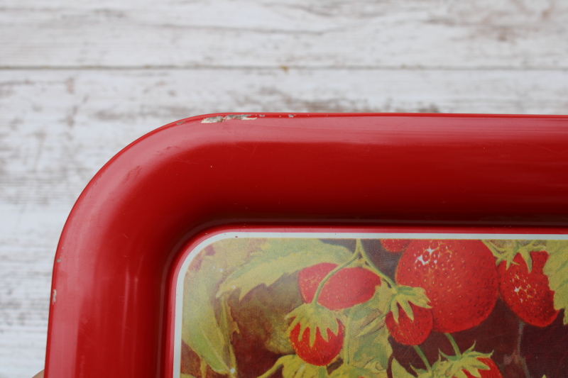 photo of strawberry print vintage metal lap trays, large sturdy steel trays for TV meals, bed, serving trays  #5