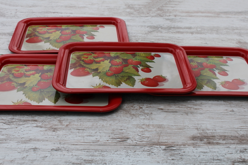 photo of strawberry print vintage metal lap trays, large sturdy steel trays for TV meals, bed, serving trays  #9