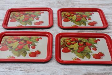 strawberry print vintage metal lap trays, large sturdy steel trays for TV meals, bed, serving trays 